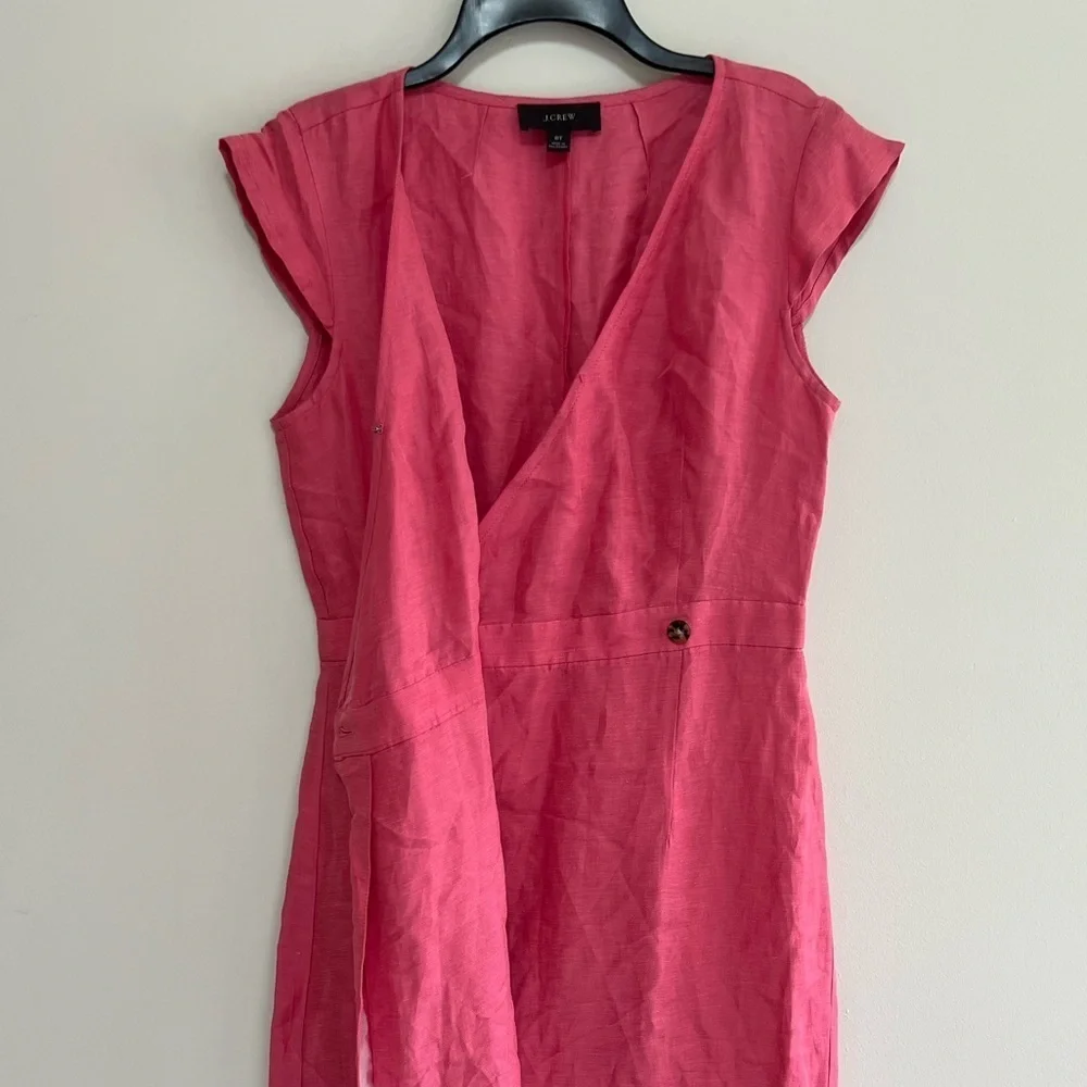 J. Crew Linen Cupro V-Neck Cap Sleeve Sheath Wrap Dress in Pink Coral, size 8T